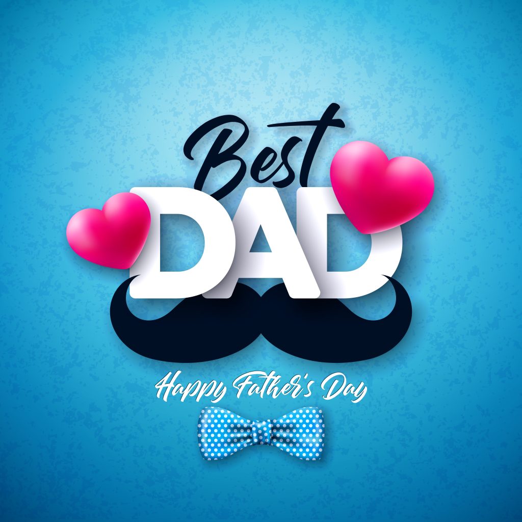Happy Father's Day Greeting Card Design with Dotted Bow Tie, Mustache and Red Heart on Blue Background. Vector Celebration Illustration for Dad. Template for Banner, Flyer, Invitation
