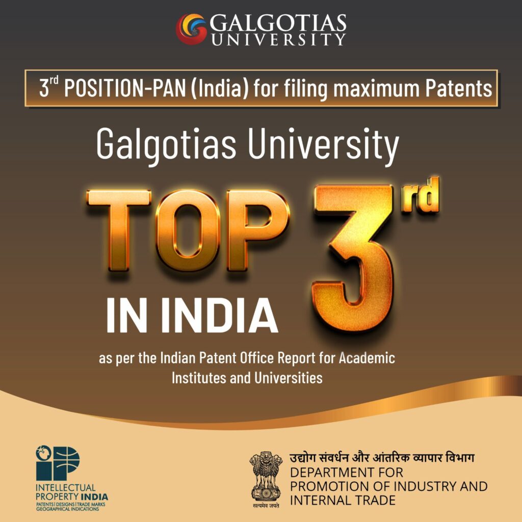 Galgotias University Rises to the Top, Achieving 3rd Place Among India’s Academic Patent Innovators Galgotias University Rises to the Top, Achieving 3rd Place Among India’s Academic Patent Innovators