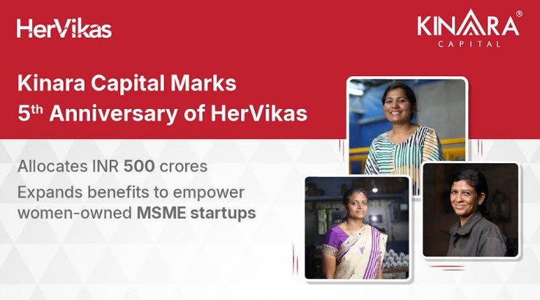 Kinara Capital Marks 5th Anniversary of HerVikas with New Allocation of INR 500 Crores Fund & Expanded Benefits Aimed to Empower More Women-owned MSME Startups Kinara Capital Marks 5th Anniversary of HerVikas with New Allocation of INR 500 Crores Fund & Expanded Benefits Aimed to Empower More Women-owned MSME Startups