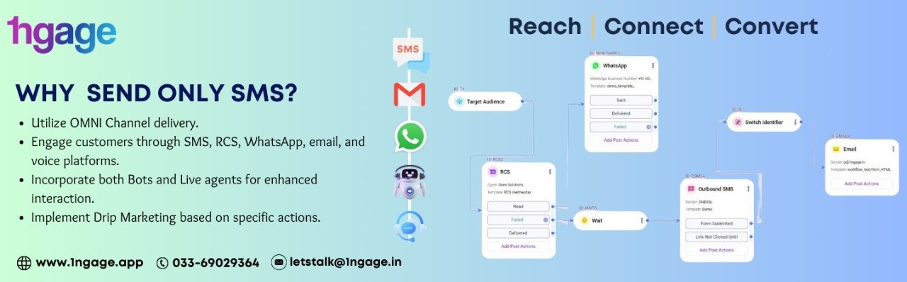 Connect Customer via Omni Channels like RCS, WhatsApp, SMS, Email, Bot & Live Agent along with Drip Marketing with 1ngage – a product by Onex Solutions Connect Customer via Omni Channels like RCS, WhatsApp, SMS, Email, Bot & Live Agent along with Drip Marketing with 1ngage – a product by Onex Solutions