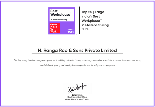 N. Ranga Rao & Sons Awarded India’s Best Workplaces in Manufacturing for 2025 N. Ranga Rao & Sons Awarded India’s Best Workplaces in Manufacturing for 2025