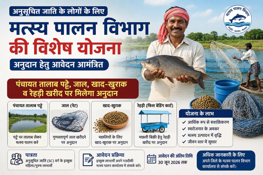 अनुसूचित जाति के लोगों के लिए मत्स्य पालन विभाग की विशेष योजना, अनुदान हेतु आवेदन आमंत्रित