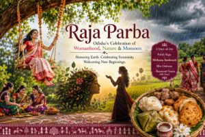 A vibrant poster for Raja Parba showing women in traditional Odia sarees celebrating on swings under a large tree during the monsoon season. The collage-style artwork includes lush green fields, rain clouds, folk celebrations, traditional sweets like pitha, and symbolic imagery of Mother Earth. The text highlights Raja Parba as Odisha’s celebration of womanhood, nature, fertility, and the arrival of monsoon