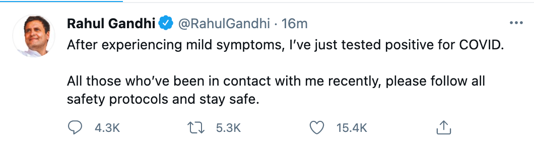 Congress leader Rahul Gandhi tests Covid positive Congress leader Rahul Gandhi tests Covid positive