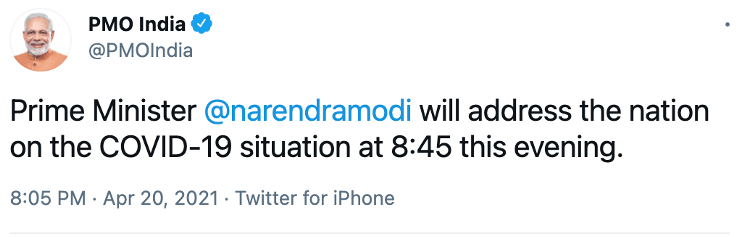 Prime Minister will address the nation on the COVID-19 situation at 8:45 this evening. Prime Minister will address the nation on the COVID-19 situation at 8:45 this evening.