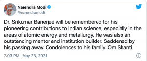 PM condoles death of Former Atomic Energy Commission chairman Dr. Srikumar Banerjee