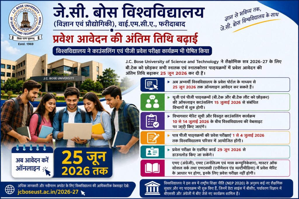 जे.सी. बोस विश्वविद्यालय ने प्रवेश आवेदन की अंतिम तिथि बढ़ाई विश्वविद्यालय ने काउंसलिंग एवं पीजी प्रवेश परीक्षा कार्यक्रम भी घोषित किया