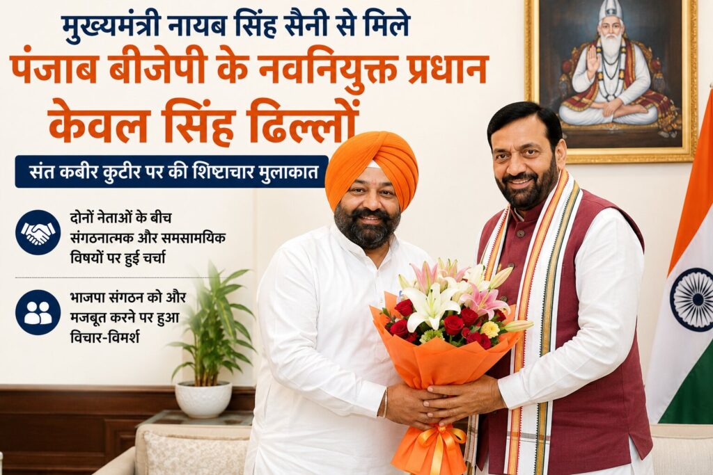 मुख्यमंत्री नायब सिंह सैनी से मिले पंजाब बीजेपी के नवनियुक्त प्रधान केवल सिंह ढिल्लों