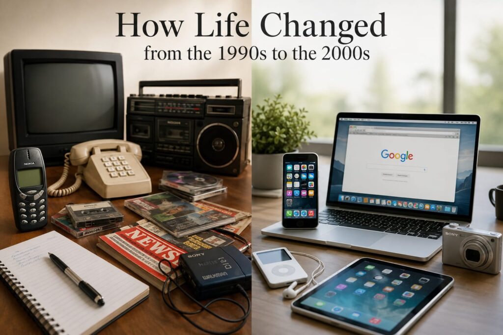1990s and 2000s technology comparison featuring classic and modern communication devices