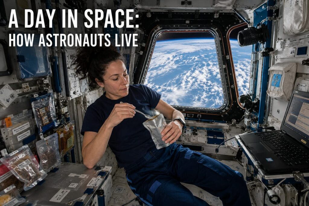 Astronaut floating inside the International Space Station during daily activities