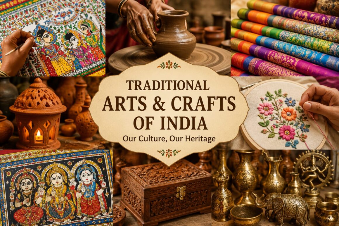Traditional arts and crafts of India featuring Madhubani painting, pottery, embroidery, handloom textiles, and wooden handicrafts