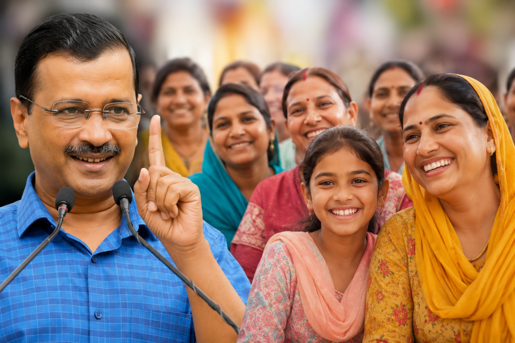 Arvind Kejriwal Congratulates Women on Punjab’s Maavaan Dhiyaan Satkar Yojana Arvind Kejriwal addressing a gathering as women and girls celebrate a major welfare initiative in Punjab.
