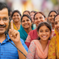 Arvind Kejriwal addressing a gathering as women and girls celebrate a major welfare initiative in Punjab.