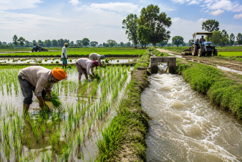 BBMB Water Release Brings Relief to Punjab Farmers During Paddy Season Punjabi farmers transplanting paddy seedlings in green agricultural fields beside a flowing irrigation canal, reflecting increased water availability for the cultivation season.