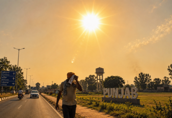 A Punjabi man shields himself from the scorching sun along a roadside in Punjab as extreme heatwave conditions grip the state, with temperatures crossing 44°C.