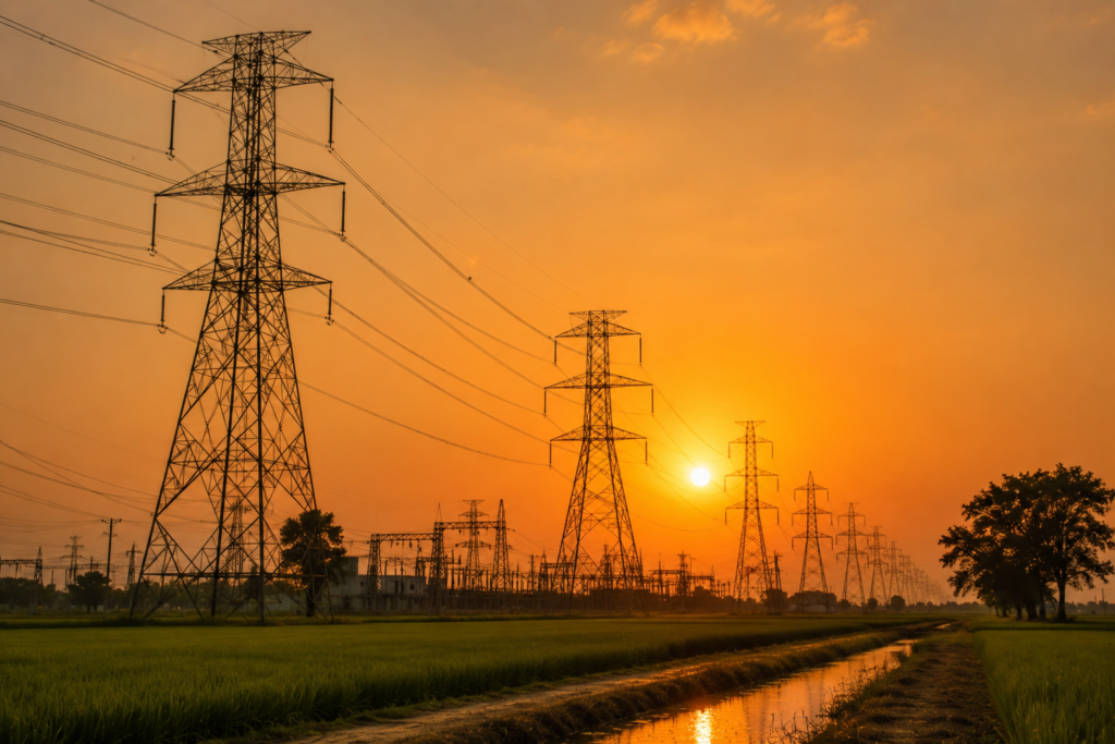 Punjab Power Demand Surges Amid Heatwave and Paddy Season High-voltage electricity transmission towers stretching across agricultural fields in Punjab as power demand rises during the heatwave and paddy transplantation season.