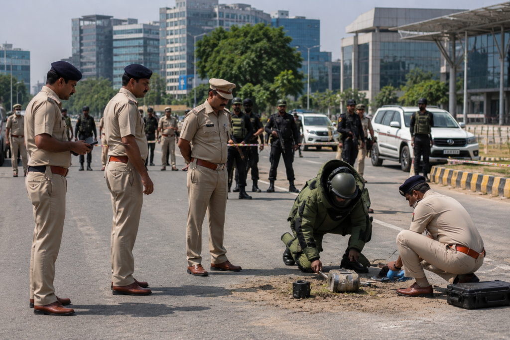 Punjab Police and bomb disposal personnel conduct an anti-terror operation in Mohali after recovering an improvised explosive device linked to a suspected terror plot.