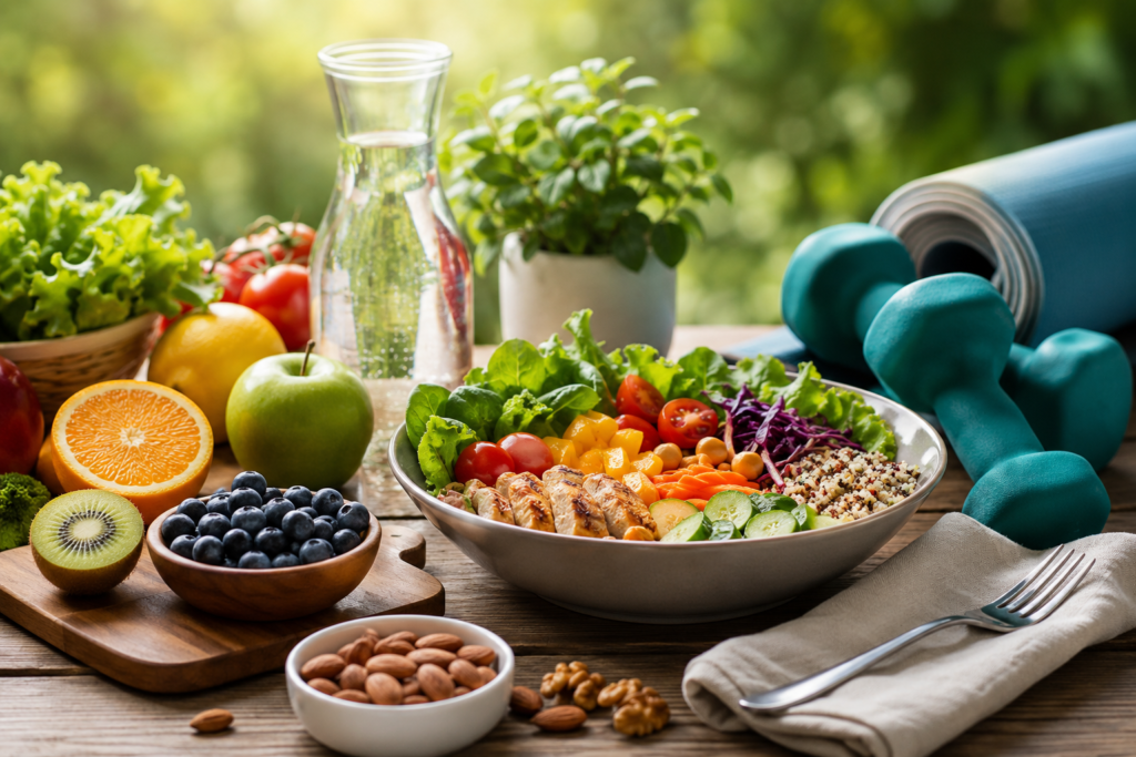 Healthy eating well being Healthy meal with fruits, vegetables, whole grains, and nutritious foods promoting wellness
