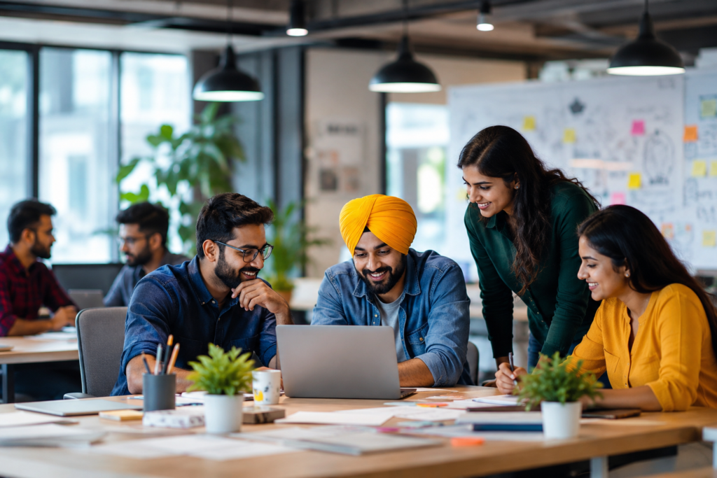 Young Punjabi entrepreneurs collaborating in a modern startup workspace, representing innovation, entrepreneurship, technology, and economic growth in Punjab.