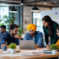 Young Punjabi entrepreneurs collaborating in a modern startup workspace, representing innovation, entrepreneurship, technology, and economic growth in Punjab.