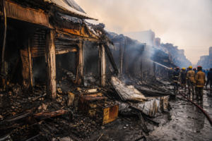 Firefighters inspect and contain the aftermath of a major blaze at a commercial market in Amritsar, where multiple shops were destroyed and significant property damage occurred.