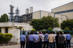 Industrial workers standing outside a factory facility in Punjab amid concerns over employment and operational uncertainty.