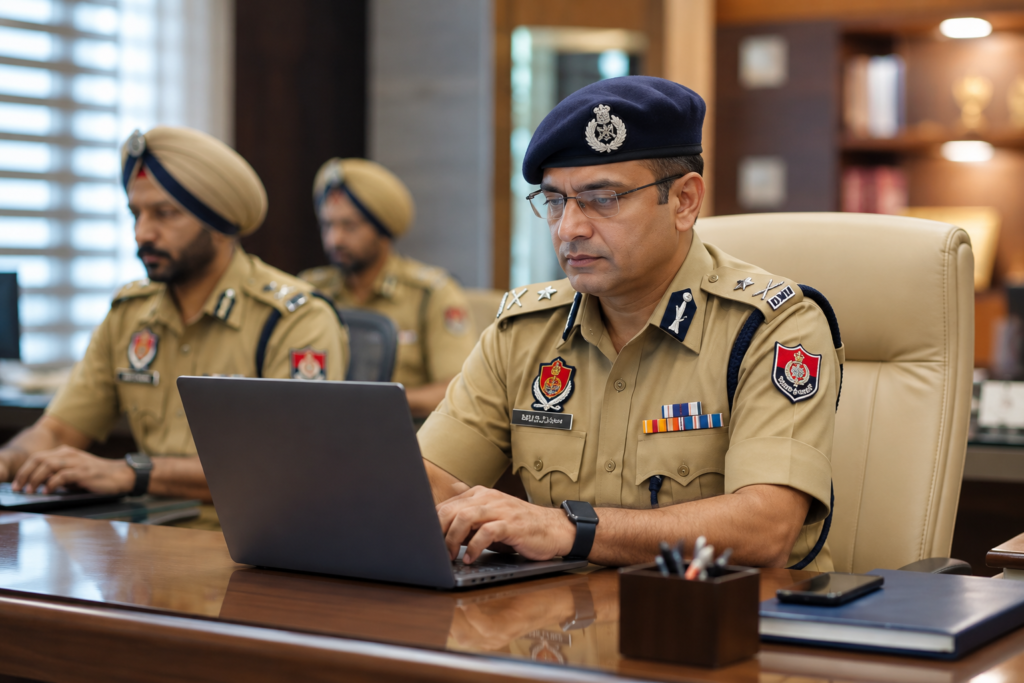 Punjab Police officer using a laptop inside an office to represent upgraded digital policing services and online citizen support.
