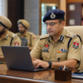 Punjab Police officer using a laptop inside an office to represent upgraded digital policing services and online citizen support.