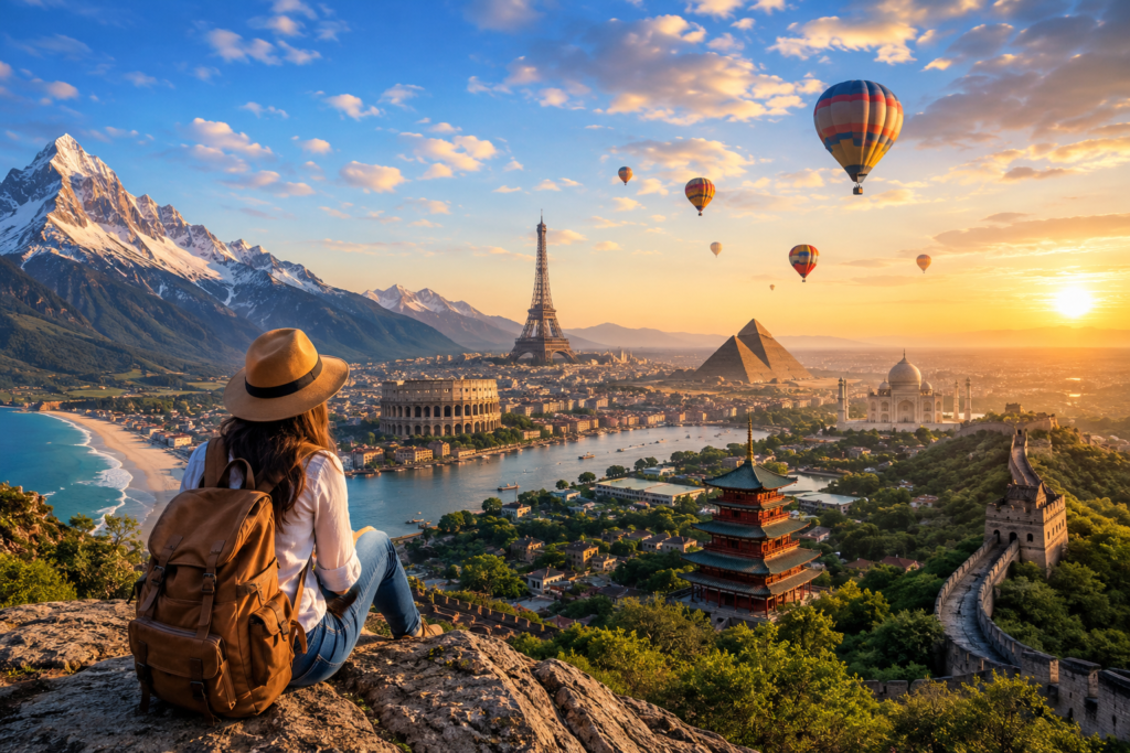 Traveler exploring a scenic destination with mountains, cultural landmarks, and natural landscapes representing the beauty of travel and tourism.
