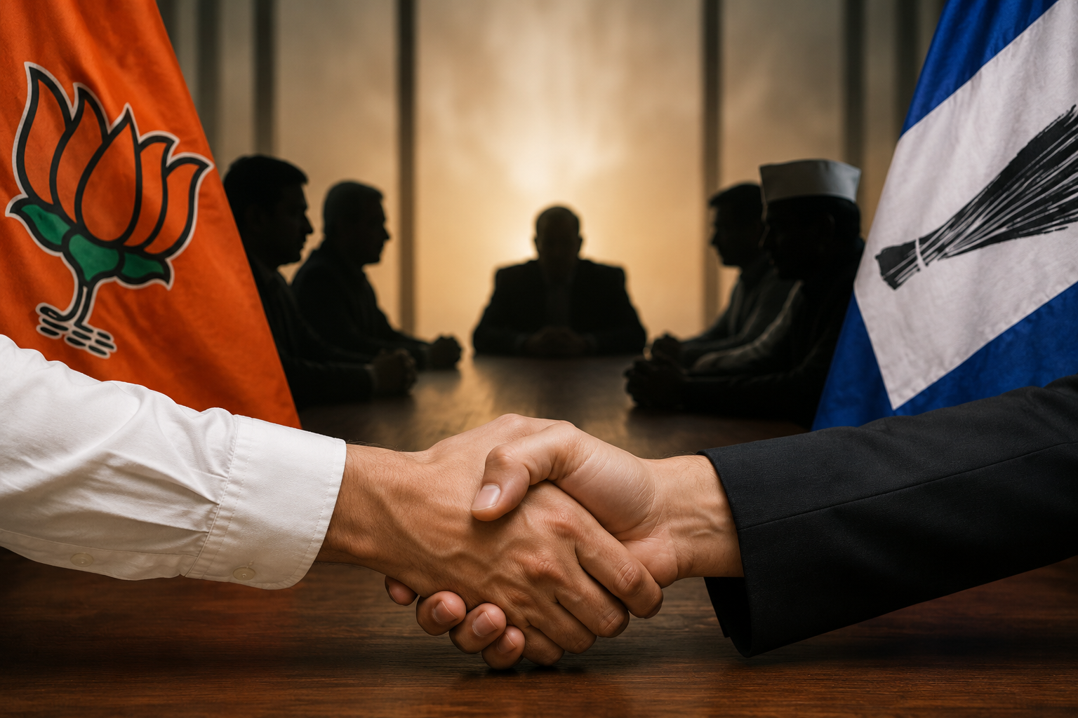 Mohali Political Shift Sparks Debate Ahead of Punjab Elections Political representatives shaking hands during a discussion, representing changing alliances and political developments in Punjab.
