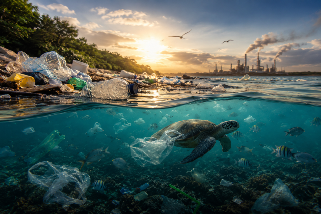 Plastic Pollution and Its Impact on Nature Plastic waste polluting a natural environment with plastic bottles and bags affecting wildlife, water bodies and ecosystems.