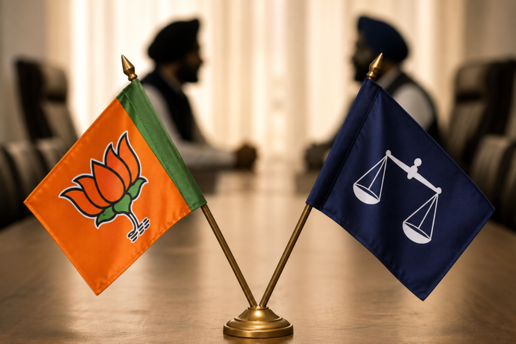 Political flags and representatives in discussion symbolizing alliance talks and changing political equations in Punjab.