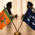Political flags and representatives in discussion symbolizing alliance talks and changing political equations in Punjab.