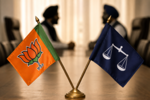 Political flags and representatives in discussion symbolizing alliance talks and changing political equations in Punjab.
