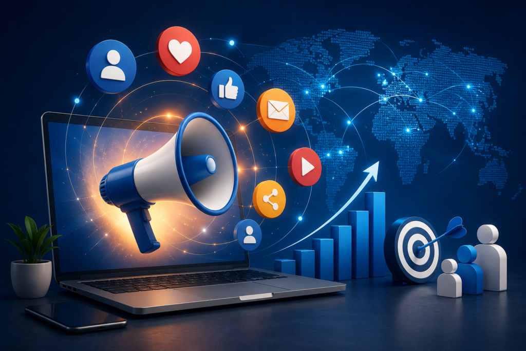 Digital Marketing and Modern Business Communication Digital marketing strategies helping businesses communicate with customers through social media, SEO, email marketing, and online platforms.