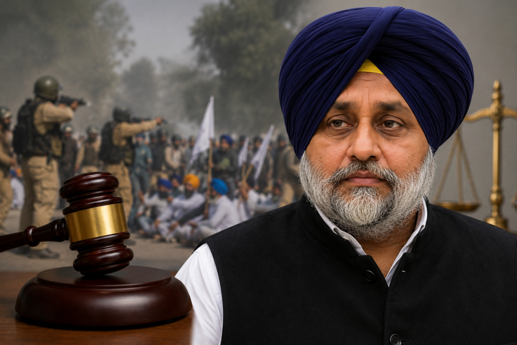 A symbolic image showing a Sikh political figure, legal gavel, and background protest scene representing the Behbal Kalan firing case.