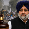 A symbolic image showing a Sikh political figure, legal gavel, and background protest scene representing the Behbal Kalan firing case.