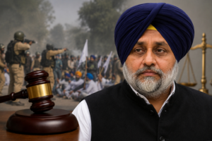 A symbolic image showing a Sikh political figure, legal gavel, and background protest scene representing the Behbal Kalan firing case.
