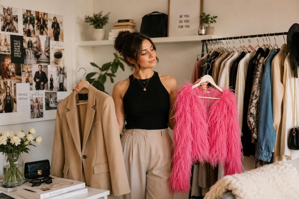 A stylish young adult standing in front of a clothing rack, combining timeless wardrobe pieces with modern fashion trends, representing the balance between micro-trends and personal style.