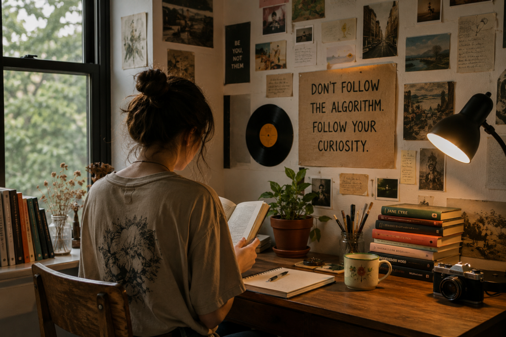 A person surrounded by books, vintage décor, and creative elements, reflecting the Anti-Algorithm Aesthetic and a lifestyle focused on individuality, authenticity, and personal expression.