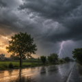 Dark storm clouds with lightning and rainfall over a Punjab landscape, showing changing weather conditions after a heatwave.
