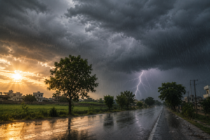 Dark storm clouds with lightning and rainfall over a Punjab landscape, showing changing weather conditions after a heatwave.