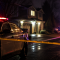 Police vehicles and crime scene tape outside a residential neighborhood during an investigation into an extortion-linked shooting in Surrey, Canada.