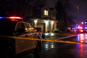 Police vehicles and crime scene tape outside a residential neighborhood during an investigation into an extortion-linked shooting in Surrey, Canada.