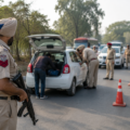 Punjab Police officers conducting vehicle inspections during a special nakabandi operation in Gurdaspur ahead of Municipal Council elections.