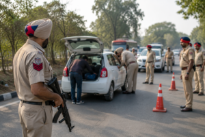 Punjab Police officers conducting vehicle inspections during a special nakabandi operation in Gurdaspur ahead of Municipal Council elections.