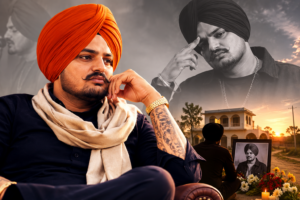 Floral tribute and memorial display honoring Punjabi singer Sidhu Moosewala on his birth anniversary.