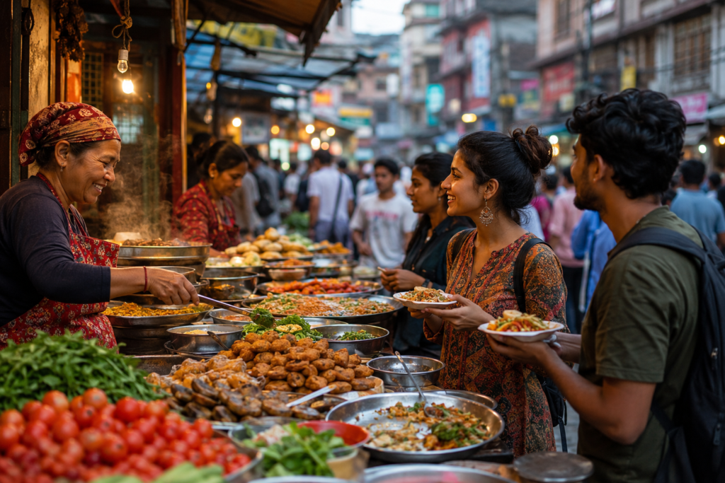 Local Food Scenes and Cultural Heritage People enjoying traditional local food at a vibrant street market showcasing regional culture and culinary heritage.