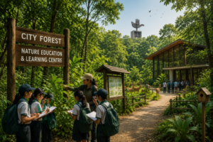 A lush green forest area in Chandigarh envisioned as a leading centre for nature education, environmental learning, and biodiversity conservation.