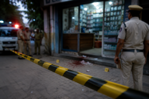 Police investigating a crime scene outside a chemist shop after a cashier murder case in Chandigarh